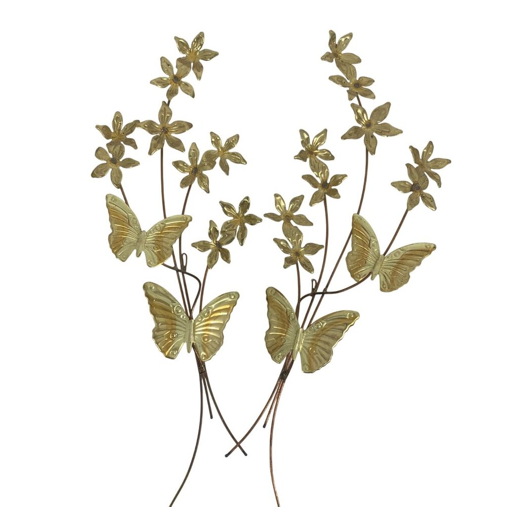 2 Vintage Metal Butterfly Dogwood Flowers Sprays Wall Art Burnished Brass Copper